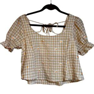 Kirious Women’s Large Tan White Gingham Checkered Top Embroidered Floral Accents